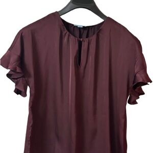 CeCe Maroon Satin Ruffle Sleeve Blouse